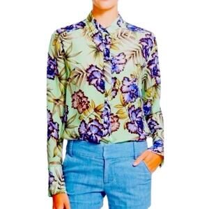 Alice + Olivia Aravi Silk Floral Button Down Mint Purple Top
